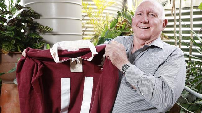 Len Dittmar with his prized 1971 Queensland jersey at his Snadgate home this week. Picture: Claudia Baxter/AAP.