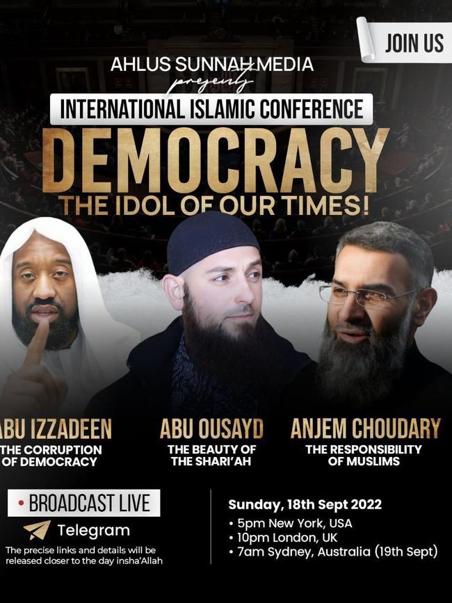 A poster for a 2022 conference, shared on social media by Haddad, showing him and Anjem Choudary, a convicted British terrorist.