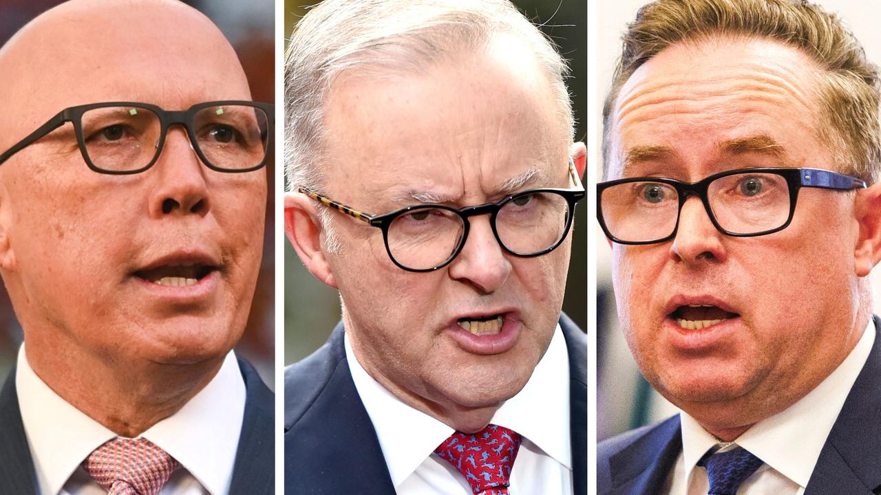 Peter Dutton, Anthony Albanese and Alan Joyce. Picture: NCA Newswire