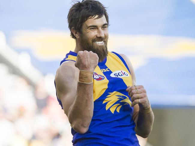 Josh Kennedy of the Eagles celebrates a goal during the Round 7 AFL match between the West Coast Eagles and the Port Adelaide Power at Optus Stadium in Perth, Saturday, May 5, 2018. (AAP Image/Tony McDonough) NO ARCHIVING, EDITORIAL USE ONLY