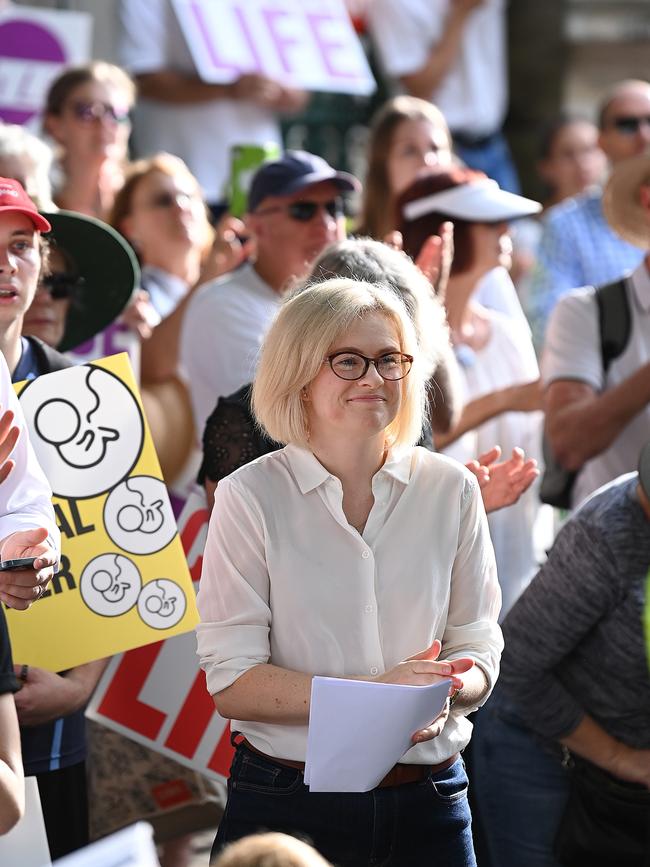 Senator Amanda Stoker at the anti-abortion rally outside QLD State Parliament. Picture: Lyndon Mechielsen