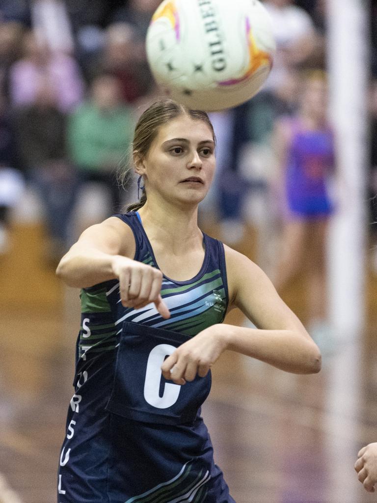 Georgia McAuliffe of St Ursula's Senior A against Downlands First VII in Merici-Chevalier Cup netball at Salo Centre, Friday, July 19, 2024. Picture: Kevin Farmer