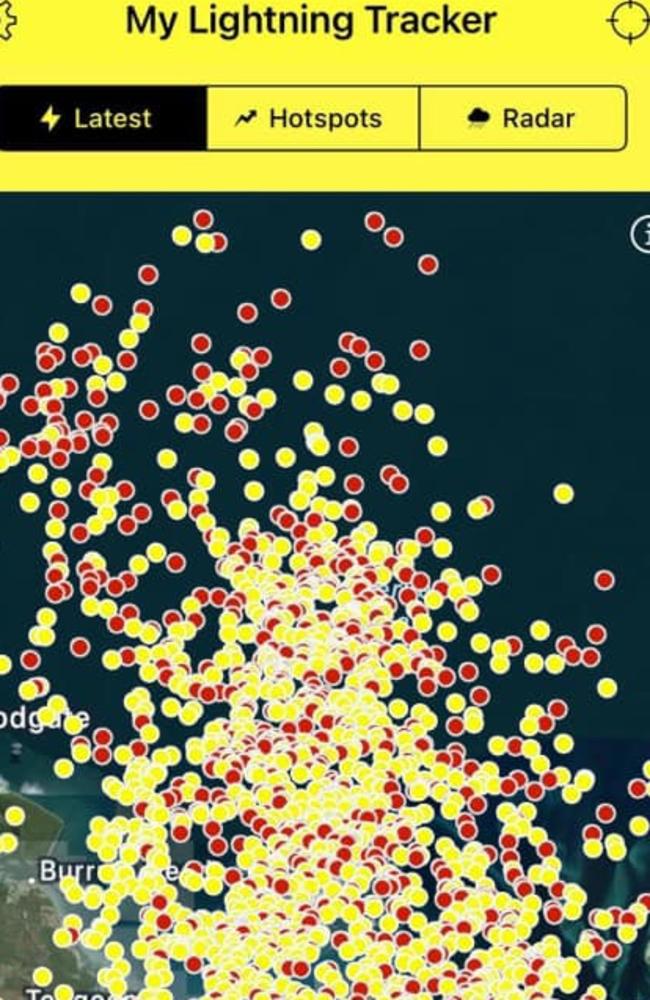 A screenshot from the app My Lightning Tracker posted by Kerry Faull who joked "HB is under there somewhere!"