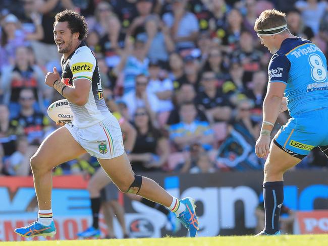 Corey Harawira-Naera gallops over for a try against the Titans. Picture: Getty Images