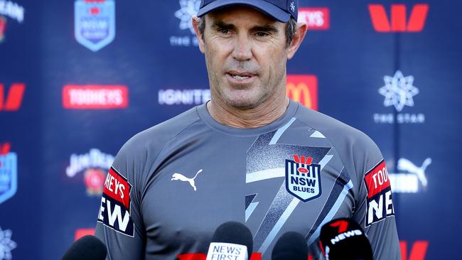 SYDNEY, AUSTRALIA - JULY 11: Blues coach, Brad Fittler speaks to the media during the New South Wales Blues State of Origin captain's run at NSWRL Centre of Excellence on July 11, 2023 in Sydney, Australia. (Photo by Brendon Thorne/Getty Images)