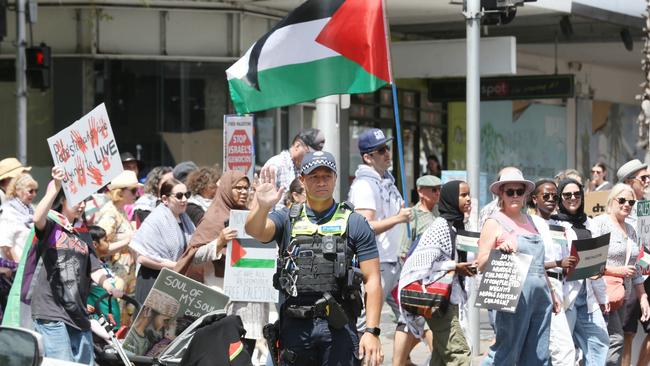 Free Palestine Protest in Little Malop St Geelong then stopping in Malop St then onto Transvaal Square Picture: Mark Wilson