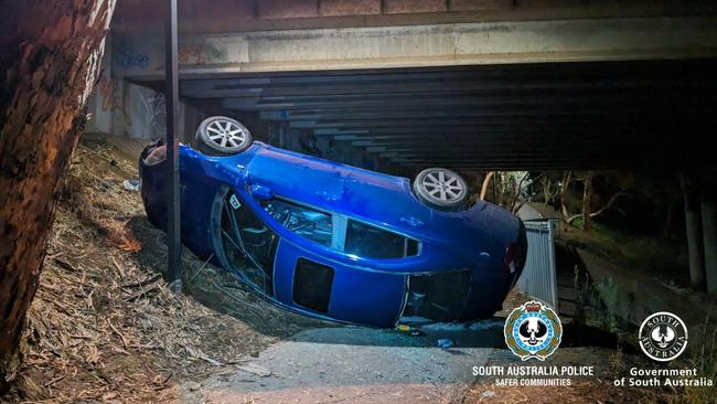 A P-plater crashed his car through the barrier and off a bridge. Picture: SA Police