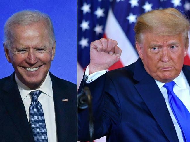 (COMBO) This combination of pictures created on November 4, 2020 shows Democratic presidential nominee Joe Biden (L) in Wilmington, Delaware, and US President Donald Trump (R) in Washington, DC both pumping their fist during an election night speech early November 4, 2020. - It is only two years since US President Joe Biden was swept to power in one of the most fraught elections Washington has witnessed, but all eyes are already on the next nationwide vote. (Photo by ANGELA  WEISS and MANDEL NGAN / AFP)