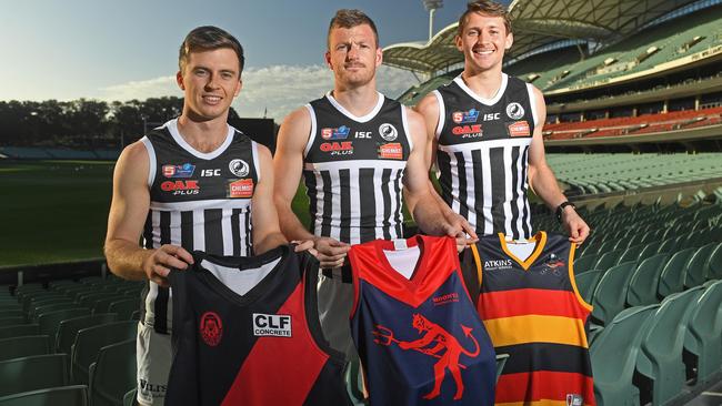 Former Port Adelaide teammates Jack Elsworthy (Kadina) Matt Appleton (Moonta) and Ben Edwards (CMS Crows) are rivals in the Yorke Peninsula league. Picture: Tom Huntley