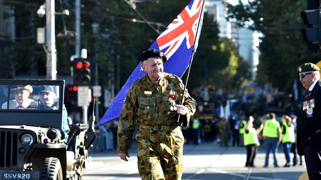 Veterans march to the Shrine of Remembrance for the Anzac Day march in Melbourne.