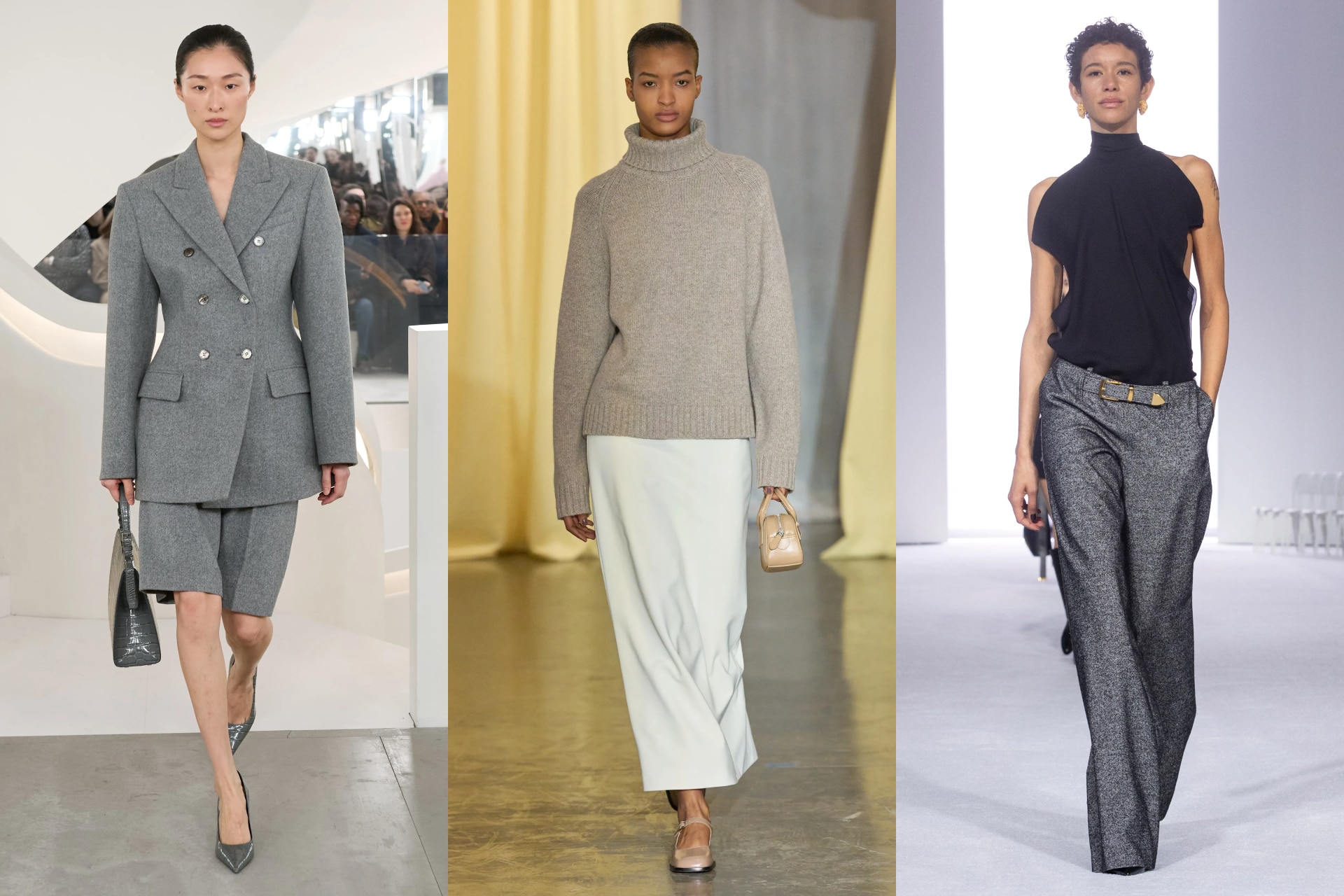 <p><i>Above (L-R): Michael Kors, Sandy Liang, Brandon Maxwell</i></p><h2><b>Corporate minimalism</b></h2><p>The overarching mood this autumn/winter season? Dress like Carolyn Bessette-Kennedy&mdash;or at the very least, channel your best chic &rsquo;90s office-goer. It meant that designers at New York Fashion Week stripped the aggression from contemporary workwear. Gone were the hulking blazers, sharpened at the shoulders, and the overglossed, skyscraper stilettos. In its place were outfit formulas for the gentlewoman: cashmere turtlenecks, slip skirts, and fluid trousers, all in a buffet of easy neutrals. It was a vision we saw replicated at Sandy Liang, which nodded to the ladylike modesty of Princess Kako of Japan, along with Michael Kors and Brandon Maxwell, where the emphasis was on soft, sinewy tailoring.</p>