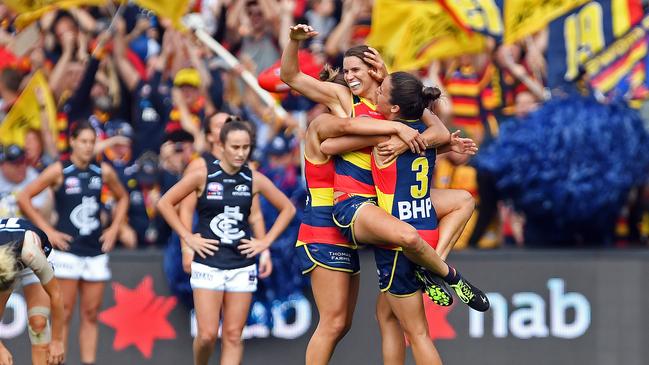 Adelaide celebrates its second flag win (this time against the Blues), in the first AFLW Grand Final to be played at Adelaide Oval.. Picture: Tom Huntley