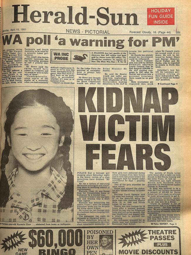 April 15, 1991 — schoolgirl Karmein Chan is kidnapped from her home in Templestowe horrifying Melburnians and increasing fears over the serial child sex attacker dubbed Mr Cruel.