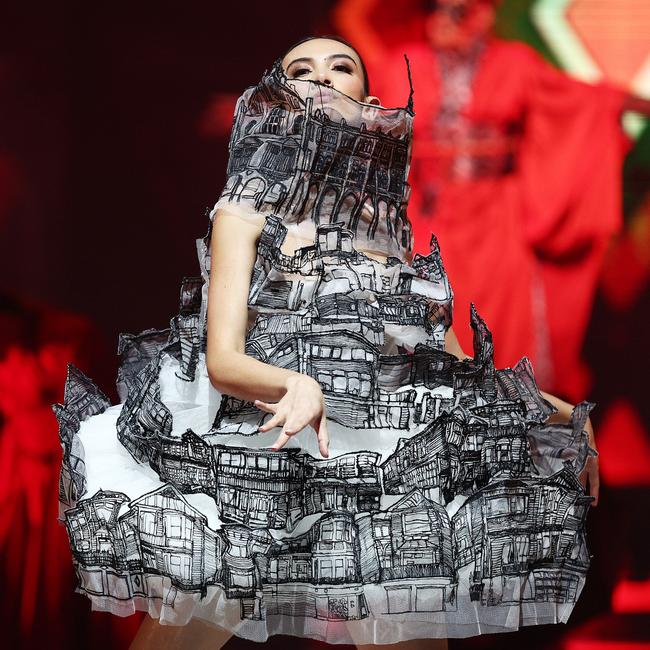 ‘Wellington “The Skin I Am In”’ by Katherine Bertram from New Zealand makes a glamorous appearance in the Aotearoa Section. Picture: Hagen Hopkins/Getty Images for World of WearableArt