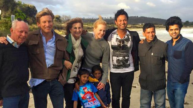 Nicole Kidman and David Wenham with Saroo and family in Tasmania.