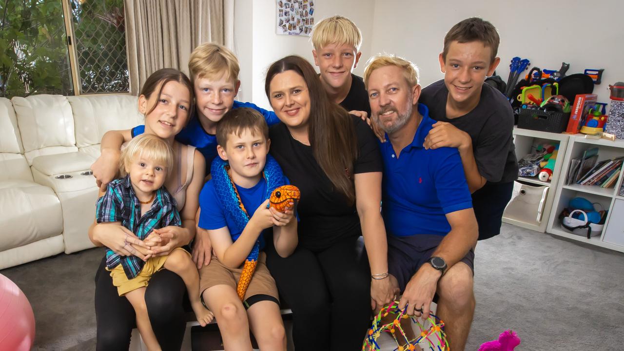 Ryan and Tegan Hansen live in Loganholme with their six kids: Nathan, Charlie, Declan, Shelby, Ryan and Christian. While they’ve needed support to afford the house, other households in this suburb often have money to spare. Picture: Nigel Hallett