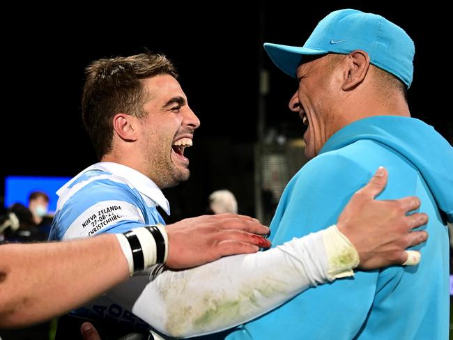 David Kidwell celebrates with Juan Cruz Mallia after Argentina defeated New Zealand in Christchurch on Saturday. Picture: Hannah Peters/Getty Images