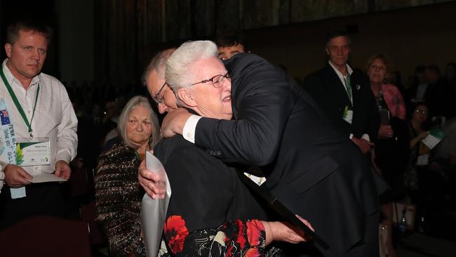 Prime Minister Scott Morrison comforting survivor Pamella Vernon at the National Apology to victims and survivors of institutional child sexual abuse last week. Picture: Kym Smith