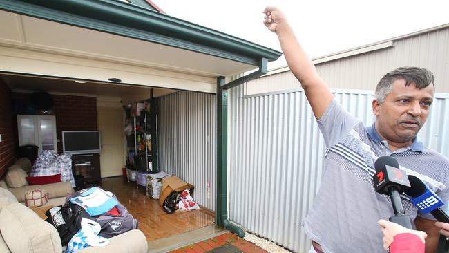 Saurin Patel’s carport in Reece Avenue, Klemzig was flooded after a water main ruptured in his street on Tuesday morning. Photo: Stephen Laffer