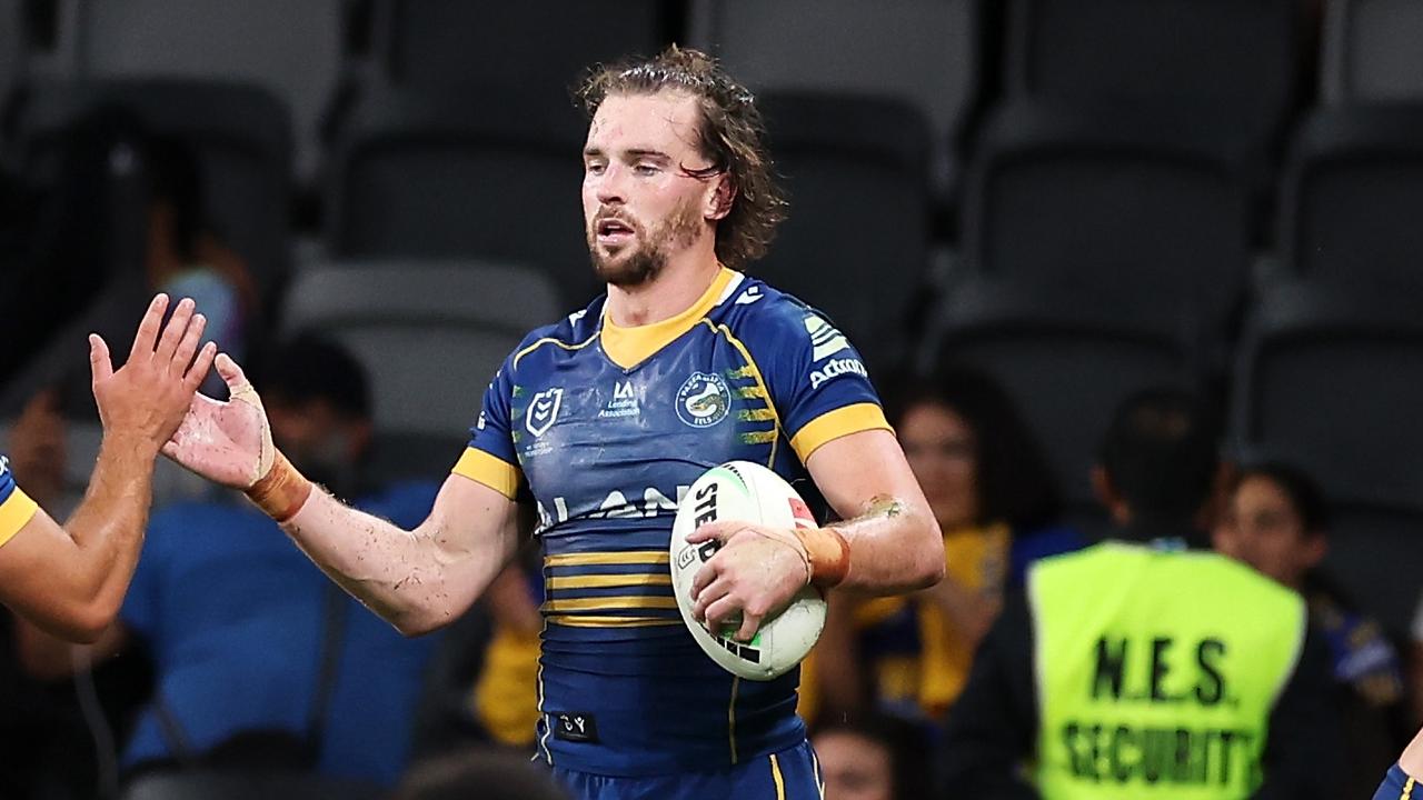 SYDNEY, AUSTRALIA - APRIL 28: Clint Gutherson of the Eels celebrates scoring a try during the round nine NRL match between Parramatta Eels and Newcastle Knights at CommBank Stadium on April 28, 2023 in Sydney, Australia. (Photo by Mark Kolbe/Getty Images)