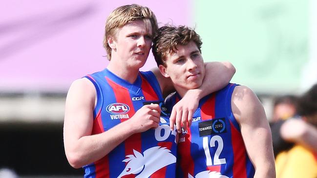 James Jordon (left) with Noah Answerth after the TAC Cup grand final. Picture: Michael Dodge/AFL Media