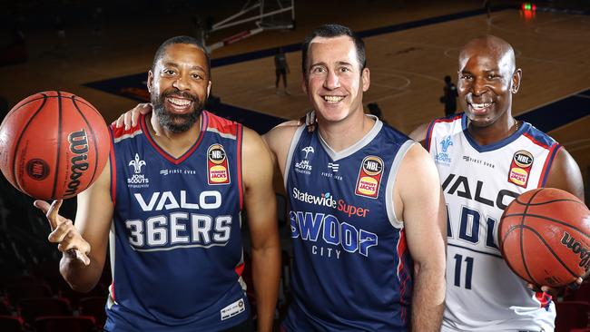 Kevin Brooks (left) with former teammates Brett Maher and Mark Davis. Picture: Sarah Reed.