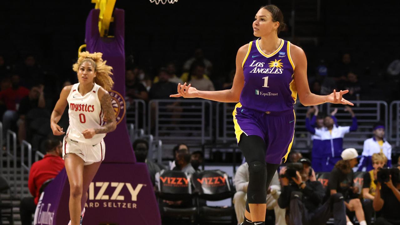 Liz Cambage #1 of the Los Angeles Sparks gestures during the second half against the Washington Mystics at Crypto.com Arena on July 12, 2022 in Los Angeles, California. Katharine Lotze/Getty Images/AFP