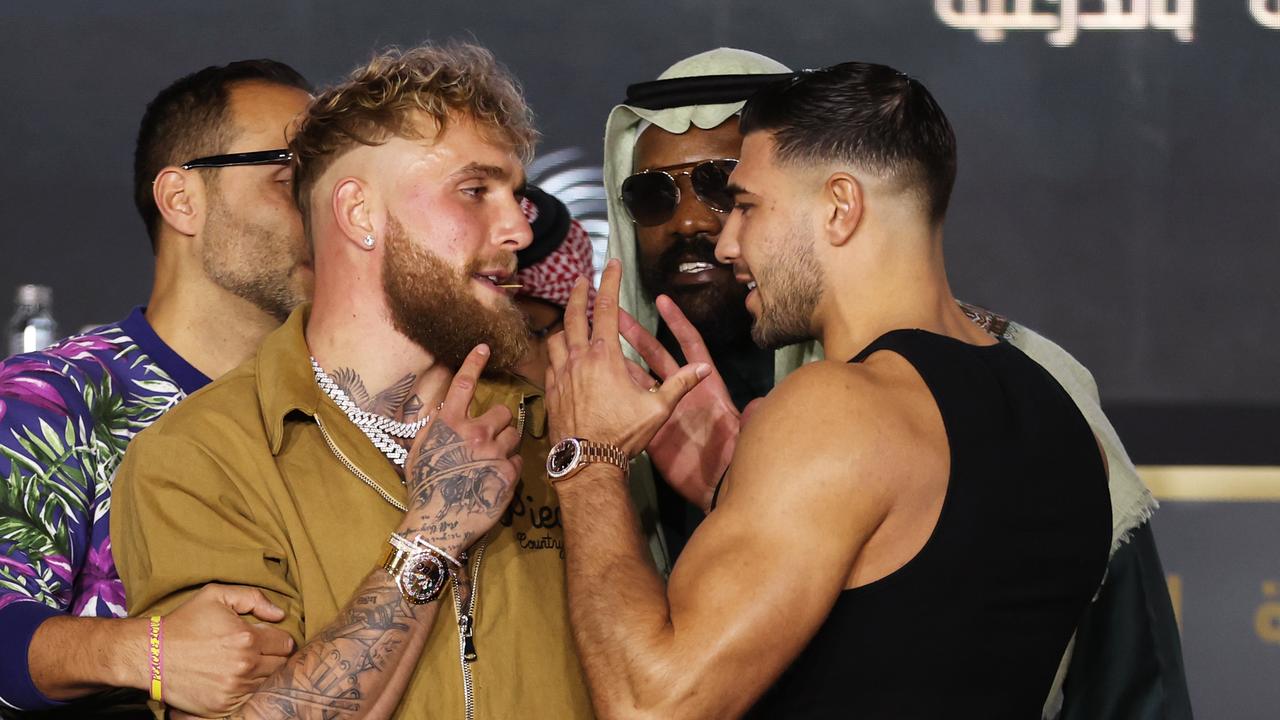 Jake Paul (L) and Tommy Fury (R) clash during the Jake Paul v Tommy Fury Press Conference. (Photo by Francois Nel)