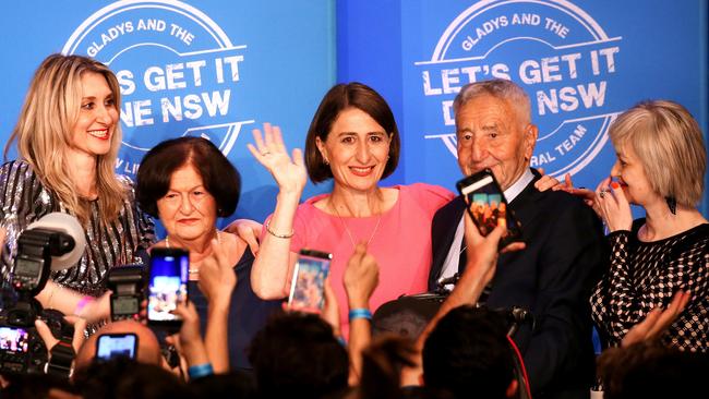 Premier Gladys Berejiklian on the stage with her parents, Arsha and Krikor and sisters Rita and Mary. Picture: Sam Ruttyn