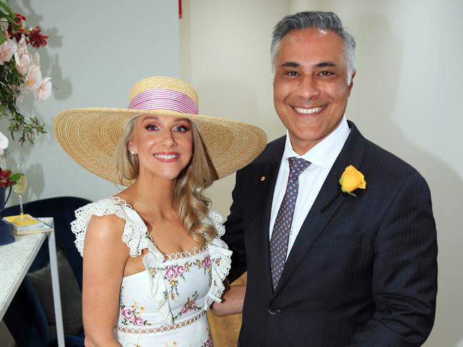 05/11/19 Latitude CEO Ahmed Fahour with his partner Hannah Holmes in the Birdcage during the Melbourne Cup at Flemington racecourse. Aaron Francis/The Australian