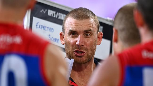 Melbourne coach Simon Goodwin will speak to the media today. Picture: Albert Perez/AFL Photos