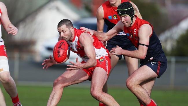 Colin Garland proved too much of a handful for North Hobart defender Bailey Walker last weekend. Picture: Nikki Davis-Jones