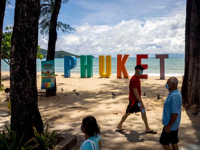 Patong Beach in Phuket as tourists take advantage of the "Phuket Sandbox" program for visitors fully vaccinated against Covid-19. Picture: AFP