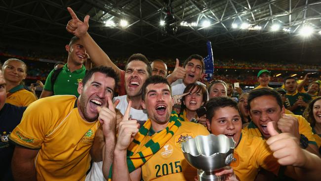 SYDNEY, AUSTRALIA - JANUARY 31: Mathew Ryan of Australia celebrates with fans after Australia defeated Korea Republic during the 2015 Asian Cup final match between Korea Republic and the Australian Socceroos at ANZ Stadium on January 31, 2015 in Sydney, Australia. (Photo by Robert Cianflone/Getty Images)