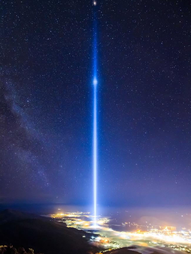 Ryoji Ikeda’s<b/>                        <i>Spectra</i> lights up the sky from Mona. Picture: Mona/Jesse Hunniford