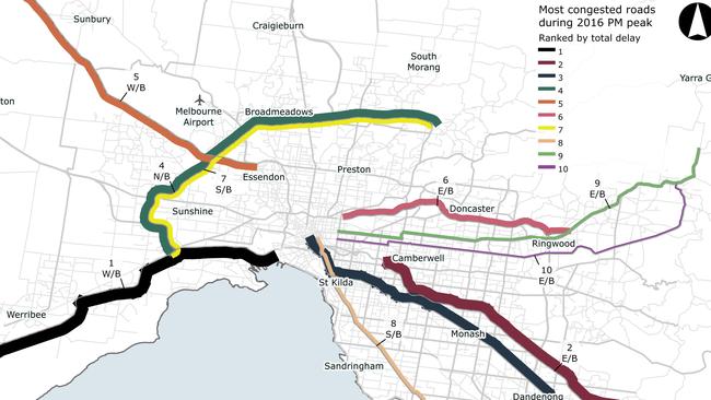 Melbourne’s most congested roads in the morning peak. Picture: Infrastructure Australia