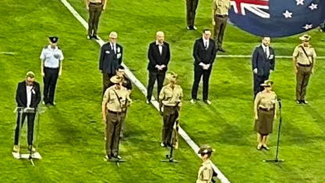 Townsville Mayor Troy Thompson took flak for failing to stand to attention in the correct position befitting a former soldier during the Anzac Ceremony before the recent North Queensland Cowboys’ NRL clash with Penrith Panthers in Townsville. Mayor Thompson had his hands clasped in front of him, whereas the past and former soldiers, including MP Phil Thompson were standing at attention with their arms at their sides . Picture: Supplied