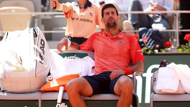 PARIS, FRANCE - JUNE 02: Novak Djokovic of Serbia looks on during a change over against Alejandro Davidovich Fokina of Spain during the Men's Singles Third Round match on Day Six of the 2023 French Open at Roland Garros on June 02, 2023 in Paris, France. (Photo by Julian Finney/Getty Images)