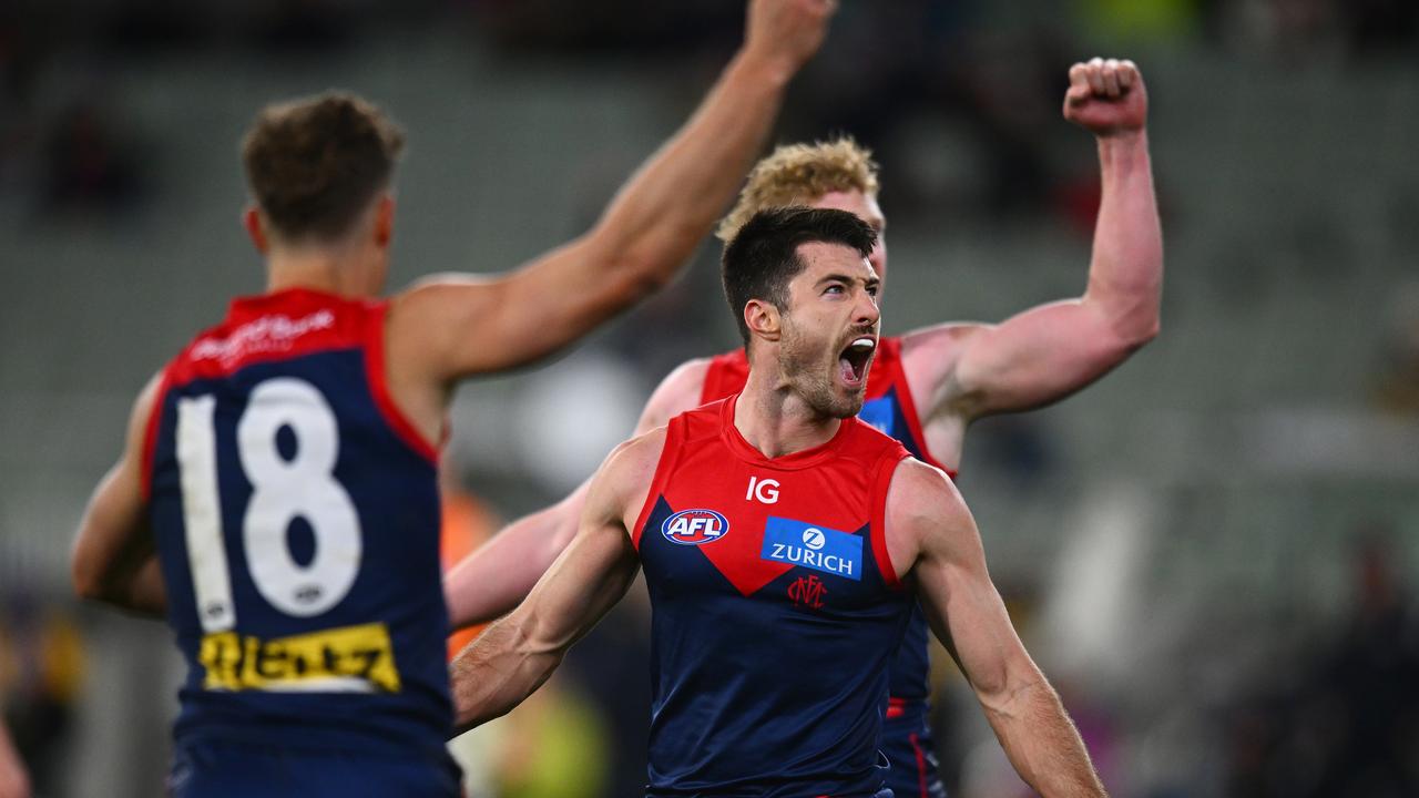 MELBOURNE, AUSTRALIA – JULY 27: Alex Neal-Bullen of the Demons celebrates a goal during the round 20 AFL match between Melbourne Demons and Greater Western Sydney Giants at Melbourne Cricket Ground, on July 27, 2024, in Melbourne, Australia. (Photo by Morgan Hancock/AFL Photos/via Getty Images)