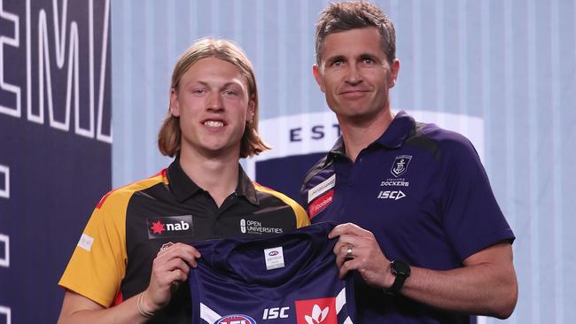 Hayden Young with Fremantle Justin Longmuir at the draft. Picture: Michael Willson/AFL Photos