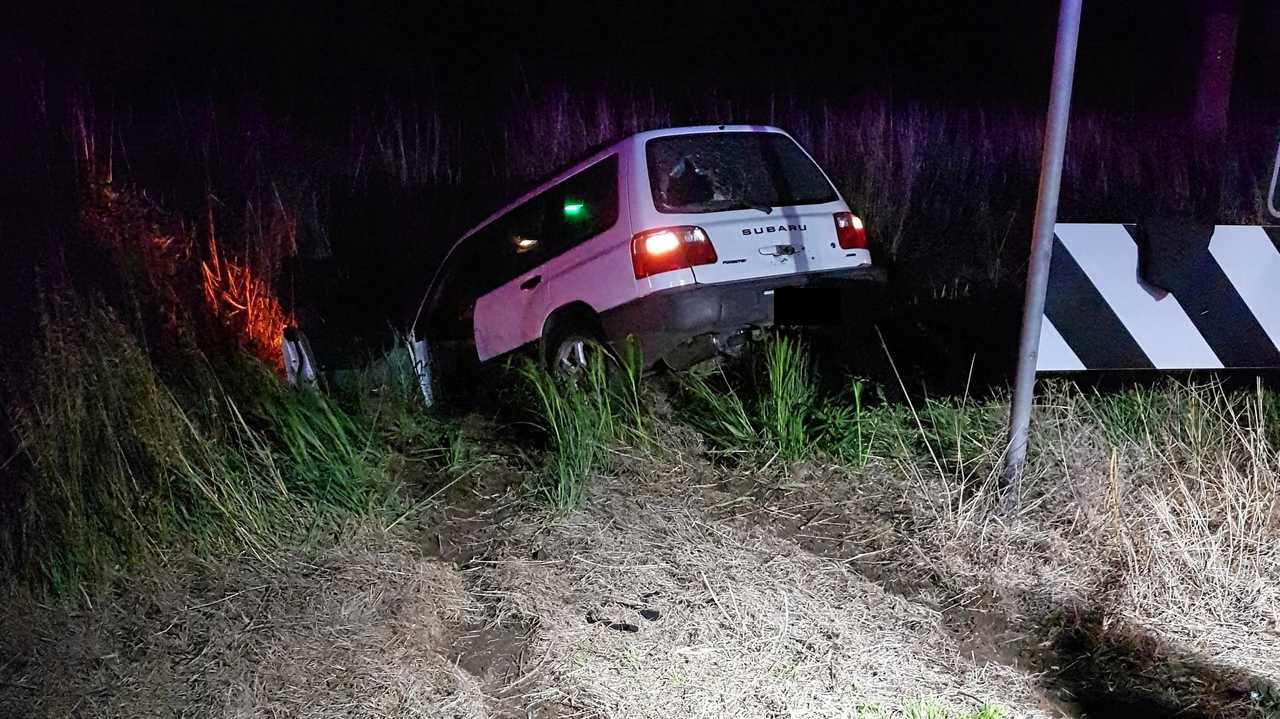 STUCK: A single-vehicle crash on Gatton-Clifton Rd last night ripped a sign from the ground. Picture: Contributed