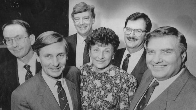 Members of Adelaide's 1998 Commonwealth Games bid delegation in Sydney, in 1990 including State Bank managing director Tim Marcus Clark, SA Premier John Bannon, Liberal MP Heini Becker, Marjorie Nelson (nee Jackson), Sports Minister Kym Mayes and Lord Mayor of Adelaide Steve Condous. Picture: File