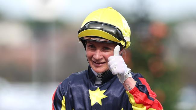 Jamie Kah riding Goldrush Guru to victory in the Victoria Derby. (Photo by Daniel Pockett/Getty Images)