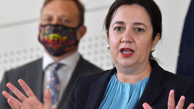 Premier Annastacia Palaszczuk and Deputy Premier Steven Miles in Brisbane this morning. Picture: NCA NewsWire/John Gass