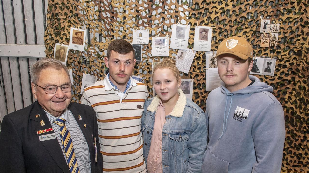 (from left) RSL member Lindsay Morrison chats to Joey Jones, Sophia Crispin and Lachlan Crispin at The Goods Shed on ANZAC DAY. Tuesday, April 25, 2023. Picture: Nev Madsen.