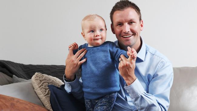 Anthony Marr with son, Lucas, 8 months. Mr Marr had a heart attack in his early 30s despite being an active healthy person. Picture: NIKKI DAVIS-JONES