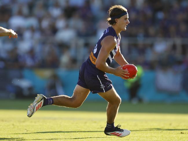 PERTH, AUSTRALIA - MARCH 02: Murphy Reid of the Dockers runs across the ground during the 2025 AAMI AFL Community Series match between Fremantle Dockers and Melbourne Demons at Rushton Park on March 02, 2025 in Mandurah, Australia. (Photo by James Worsfold/AFL Photos/via Getty Images)