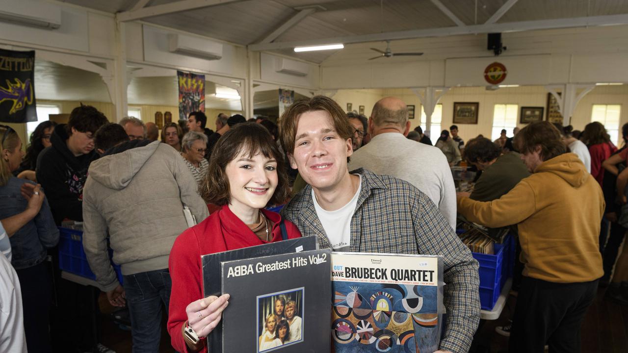 Alice Payne and Declan Moran at the Toowoomba and Darling Downs Record Fair at the Drayton Memorial Hall, Saturday, May 31, 2025. Picture: Kevin Farmer
