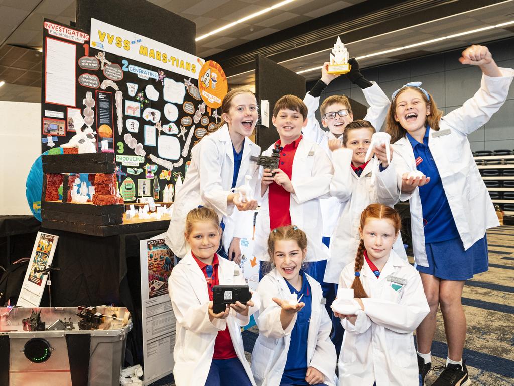 Vale View State School team (back, from left) Charlotte Coote, Fletcher Hayward, Luke Pinwill, Corran Marchant, Elouise Marchant and (front, from left) Sophia Scheid, Adelyn Wolrige and Evelyn Stannard won the Queensland Kids in Space Showcase 2024 peer prize, Friday, June 7, 2024. Picture: Kevin Farmer