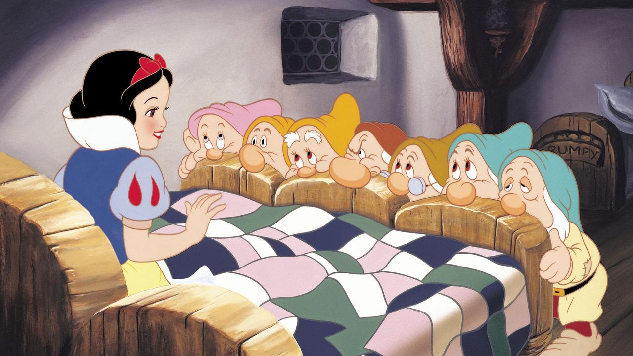 Scene from Disney animated movie Snow White. Snow White and the seven dwarves. dwarfs
